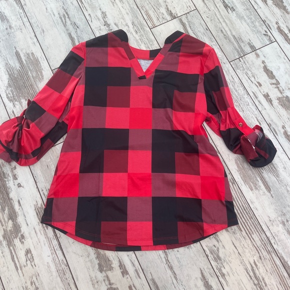 NWOT - Women’s Plaid V-Neck Long Sleeve Blouse – Size Large, Casual Work Top - Picture 3 of 15